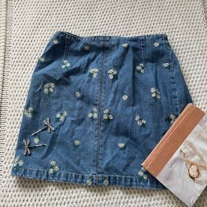 Floral Embroidered Denim Skirt